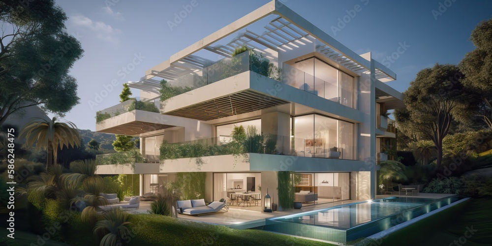 Obraz premium Luxurious residential development with pool, generative ai