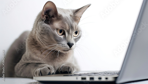 Cat using laptop. Isolated on white. Generative AI © Farnaces