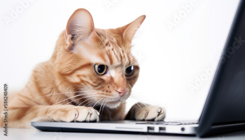 Obraz na płótnie Cat using laptop. Isolated on white. Generative AI w salonie