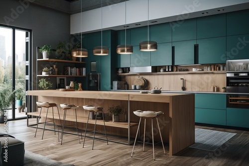 Modern Kitchen with Teal Base Cabinets Generative AI