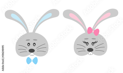 Cute cartoon bunnies  faces. Baby animals theme for Easter or birthday party or baby shower. Vector nursery illustration isolated on white background.