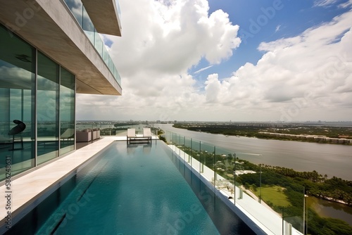 penthouse terrace with a swimming pool overlooking Miami  generative AI