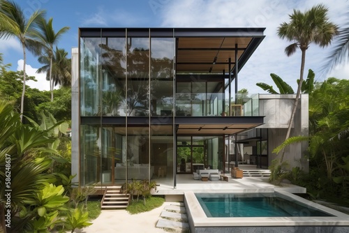 Stunning modern glass house completely transparent with a huge pool surrounded by a tropical garden, generative AI © FrankBoston