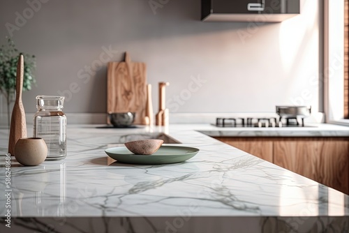 Modern marble kitchen tabletop with decors and copy space over blurred minimal bright kitchen Generative AI photo