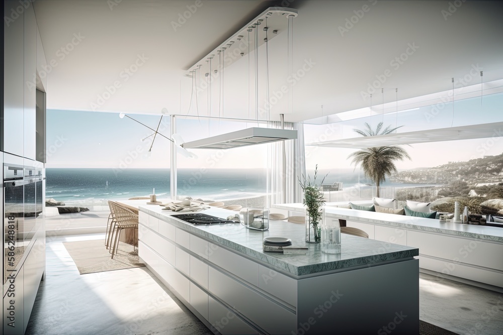 Fototapeta premium Modern white kitchen with ocean view Generative AI