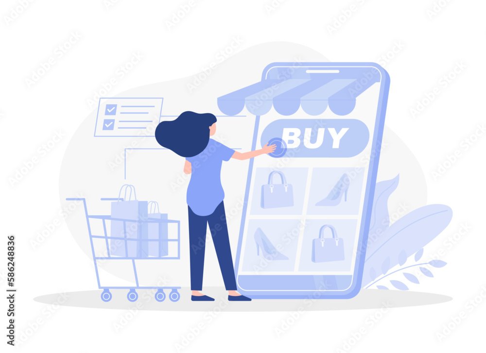 A woman buys things in an online store, online shopping. Modern vector flat illustration A woman buys things in an online store, online shopping. Modern vector flat illustration