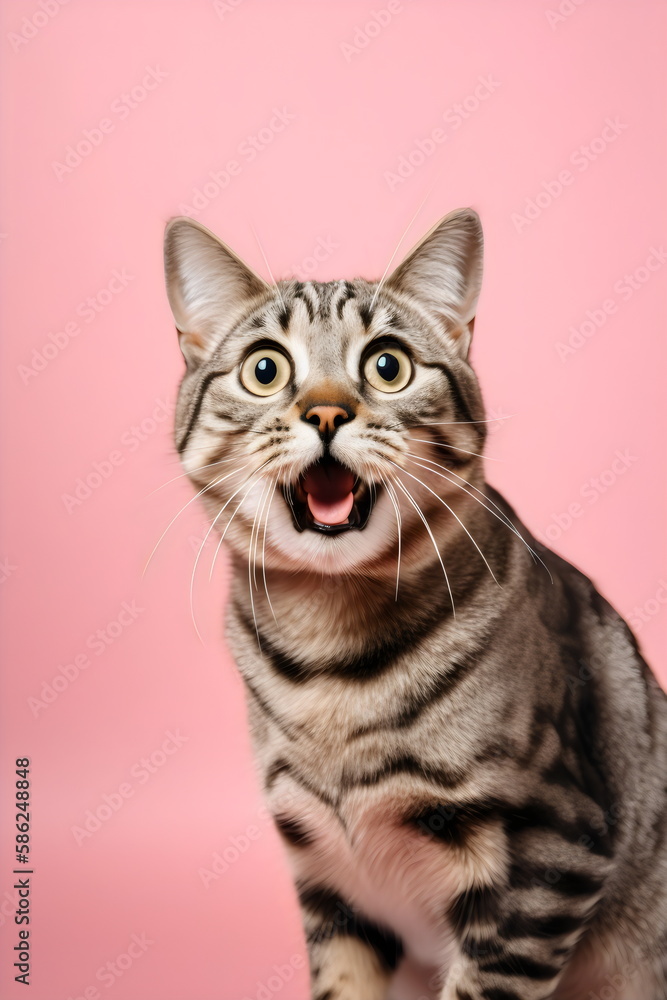 surprised cat isolated on a pink studio background, made with generative ai surprised cat isolated on a pink studio background, made with generative ai