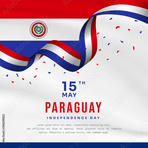 Square Banner illustration of Paraguay independence day celebration with text space. Waving flag and hands clenched. Vector illustration.
