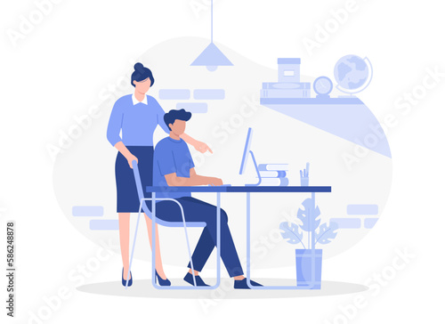 Flat hand drawn formal people working and discussing indoors. Modern vector flat illustration.