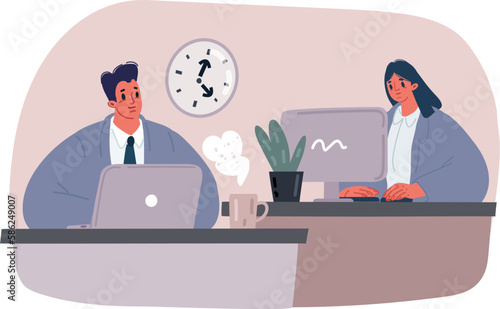 Vector illustration of Set characters working in office, co-working space or remotely, freelance, self-employment. People work at computers and laptops. Man, woman