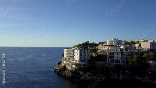 Cinematic Drone Shot fly by of a beautiful town in Mallorca