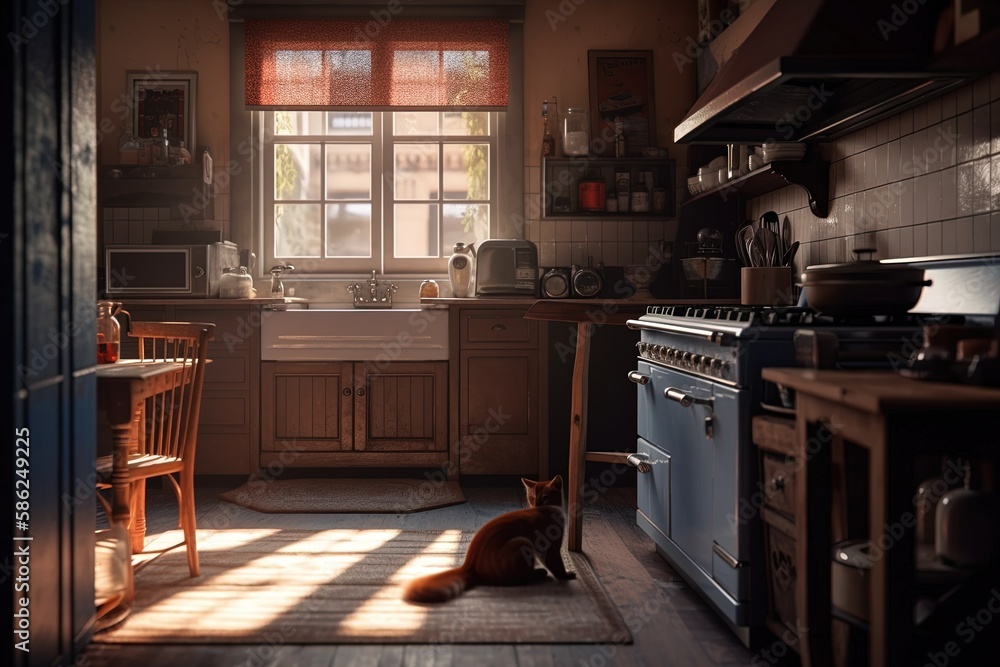 retro kitchen in a cottage with sleeping cat