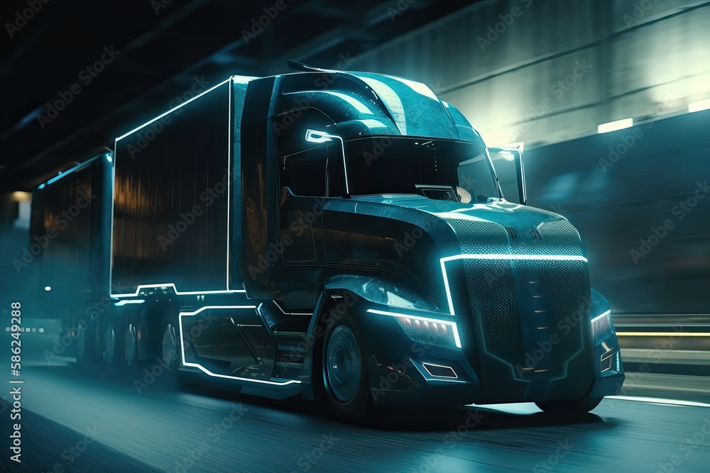 Modern futuristic truck driving through an urban motorway, generative ai