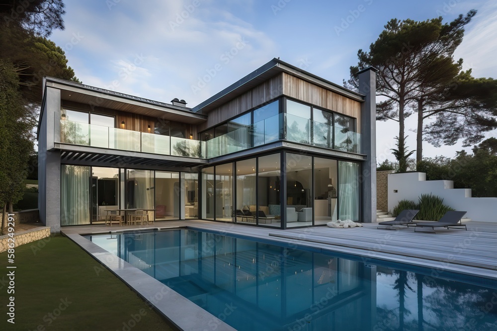 Modern grand villa with swimming pool and garden, generative ai