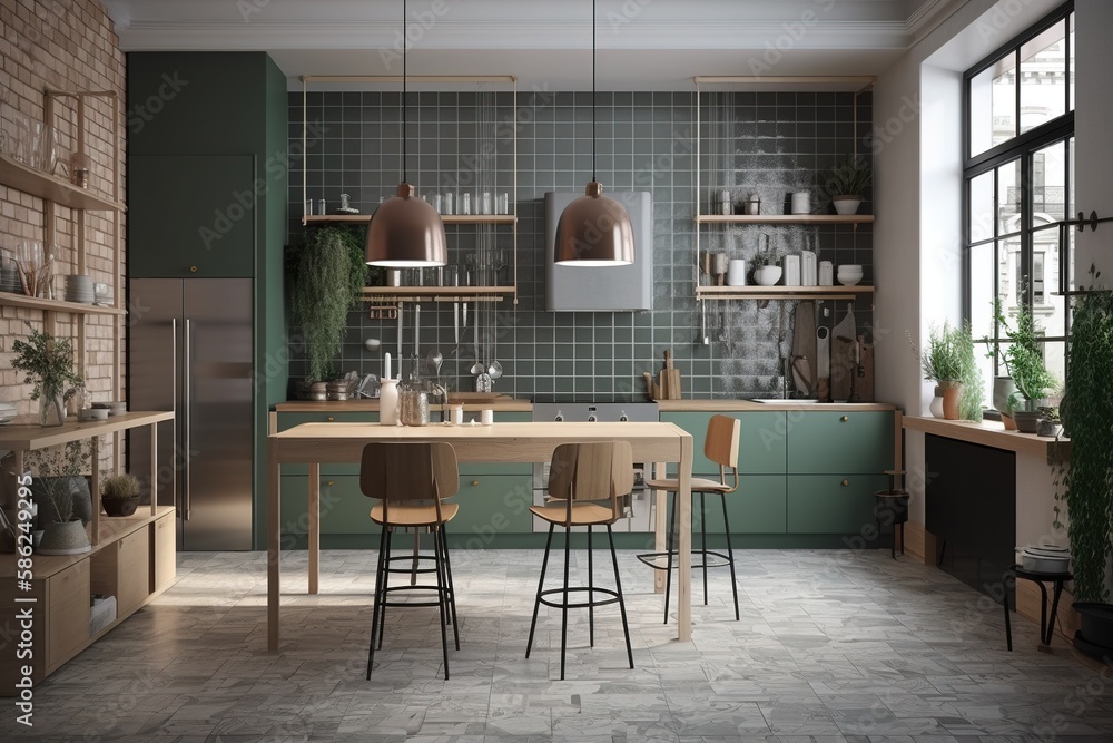 Scandinavian open style kitchen in grey color, green tiles Generative AI