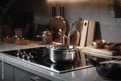 Saucepan on electric stove on counter in kitchen