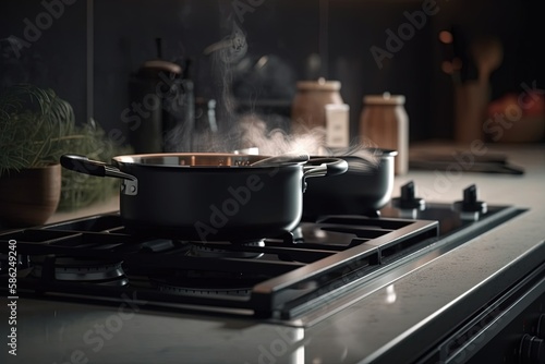 Saucepan on electric stove on counter in kitchen