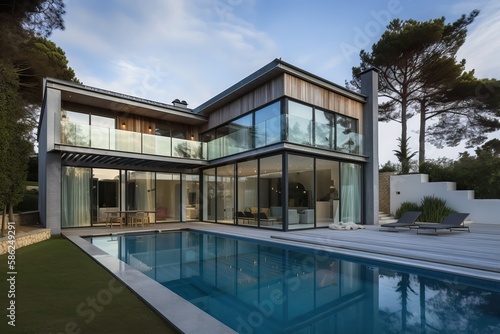 Modern grand villa with swimming pool and garden, generative ai © FrankBoston