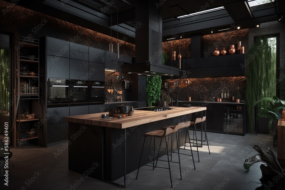 Stylish dark kitchen interior Generative AI