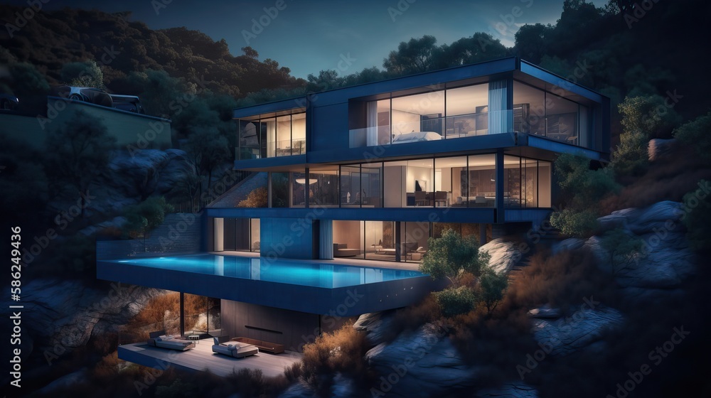 Modern luxury home with pool and garden at blue hour, generative ai Modern luxury home with pool and garden at blue hour, generative ai