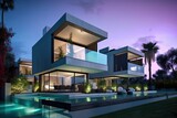 Modern luxury home with garden and pool at blue hour, generative ai