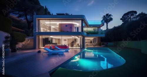 Modern luxury home with pool and garden at blue hour, generative ai © FrankBoston
