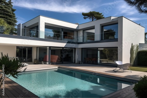 Modern impressive villa with swimming pool and garden, generative ai © FrankBoston