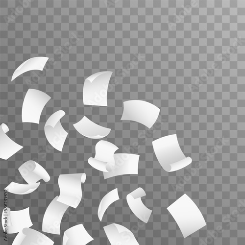 Flying paper sheets. Isolated on transparent background. Realistic 3d Detailed White Blank Empty Flying Papers.