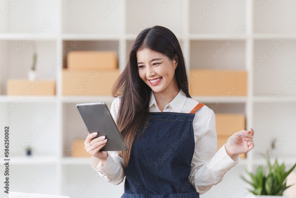 Small businesses SME owners female entrepreneurs check online orders to prepare to pack the boxes, sell to customers, sme business ideas online