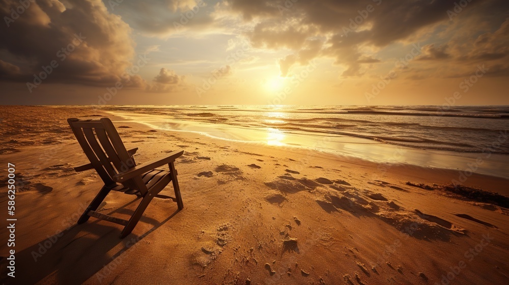 Beach chair and umbrella on beautiful beach. Sunset over ocean. Travel paradise concept. Generative AI