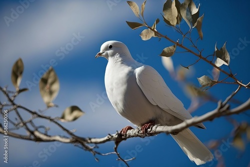 A white dove flies against a blue sky, generative AI