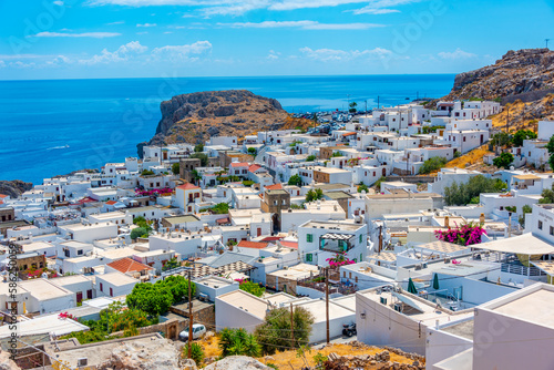 Panorama view of white houses at Greek town Lindos at Rhodes island photo