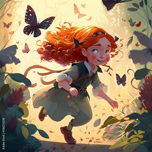 Chasing Dreams  A Red-Haired Girl Joyfully Pursues a Group of Beautiful Butterflies