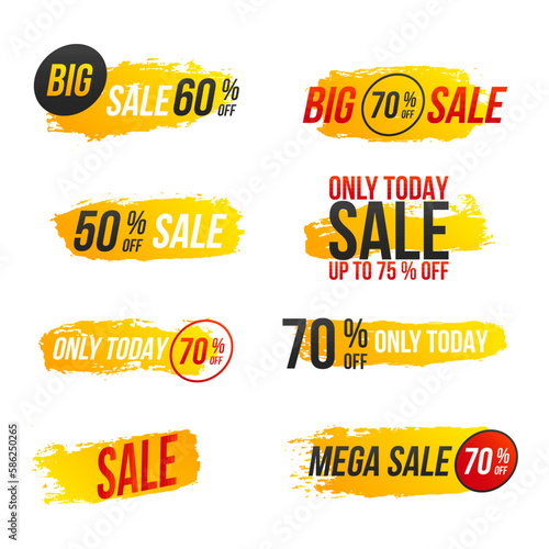 Mega discount with painted trendy gradient brush strokes for advertising labels, stickers, banners, leaflets, badges, tags, posters. Big sale banner, best offer. Mega sale, creative flyer. Vector.