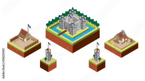 Isometric Medieval Buildings with Castle, Barracks, Farm, Towers.  Customizable vector graphics. Illustration medieval town, and city buildings, wall and fortress