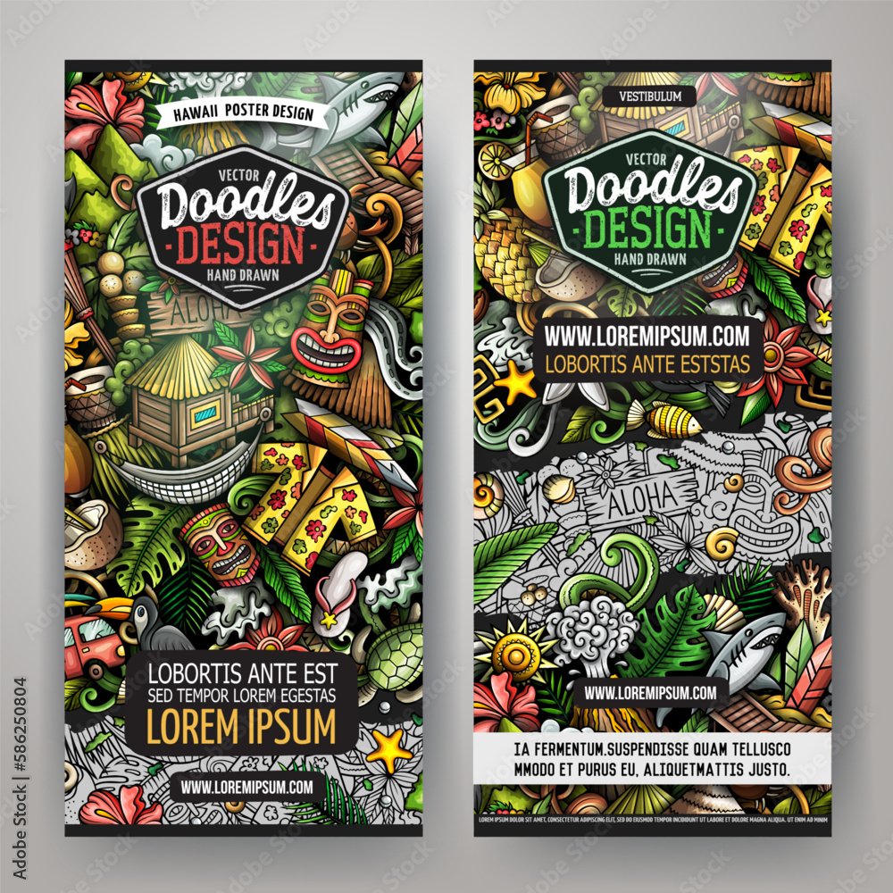 Obraz premium Cartoon cute doodles Hawaii vertical banners set