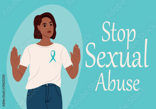 Sexual Assault Awareness Month Banner. Woman against sexual violence. Awareness ribbon.