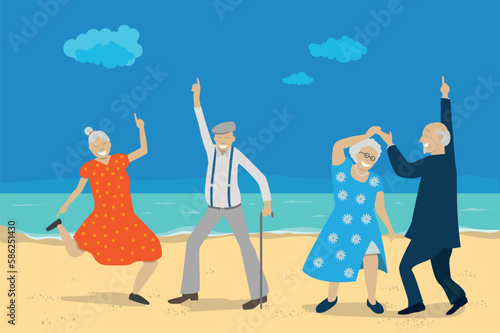 illustration vectorielle montrant un groupe de personnes âgées retraitées qui dansent sur la plage. Concept des séniors heureux à la retraite.
