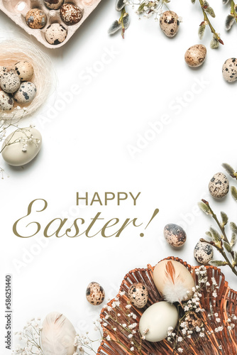 Happy easter flat lay composition with eco friendly easter eggs decor on white background. Layout design for invitation, card, flyer, banner, poster. Easter card, Easter eco organic banner