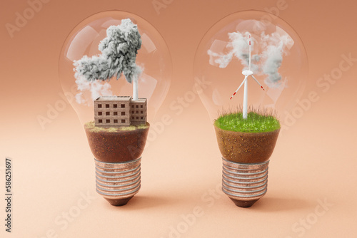 Fototapeta Naklejka Na Ścianę i Meble -  lightbulbs with minature wind turbine and coal-fired power station  inside; green soil and clouds; pollution and smoke; renewable clean energy concept; infinite background; 3D Illustration