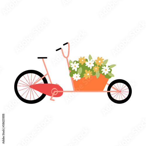 Dutch cargo cycle or Netherland pink bakfiets bike with a container full of flowers, landscape design, spring symbol.