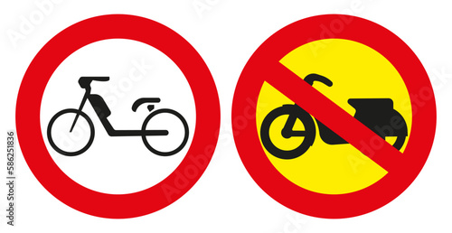 Riding on road signs on a moped is prohibited. Vector graphics.