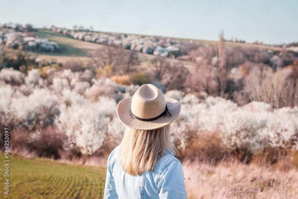 Woman wearing denim shirt and cowboy hat and looking at blooming orchard. Rural scenery in spring season