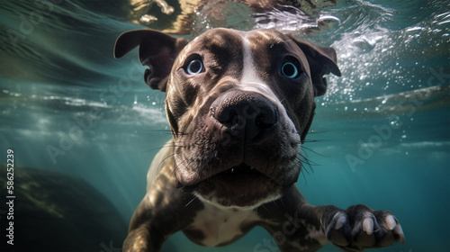 A dog swimming in the under water with the word pitbull on the front.
