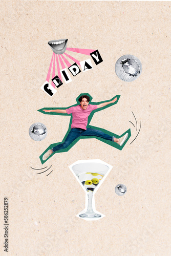 Collage picture young drunk guy jumping under big martini glass cocktail rejoicing friday night club weekend concept