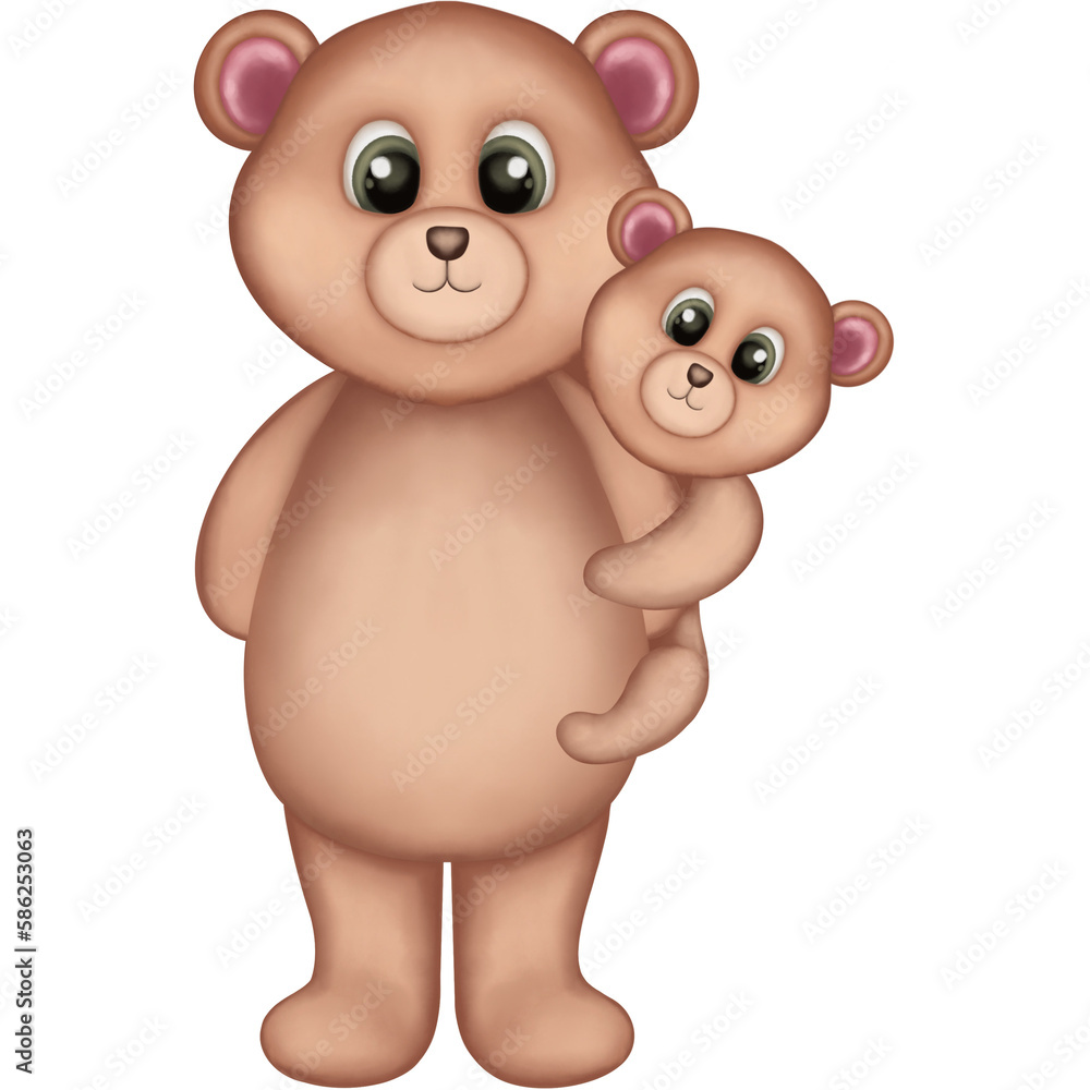 Watercolor mother teddy bear with baby. Mother’s Day animal illustration isolated on transparent background. Mother’s Day,birthday,greeting,invitations, etc. Watercolor mother teddy bear with baby. Mother’s Day animal illustration isolated on transparent background. Mother’s Day,birthday,greeting,invitations, etc.