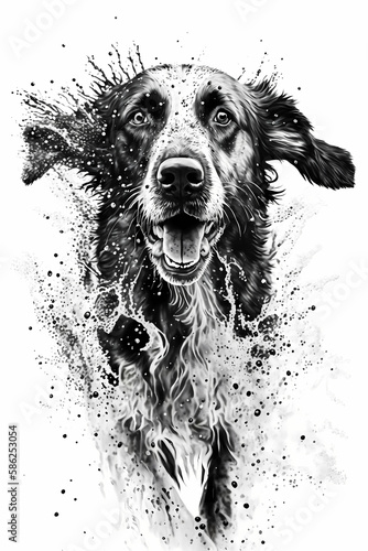 Dog Ink Drawing In Splash of Inked Black and White Animal Intricate Details Artwork generative ai