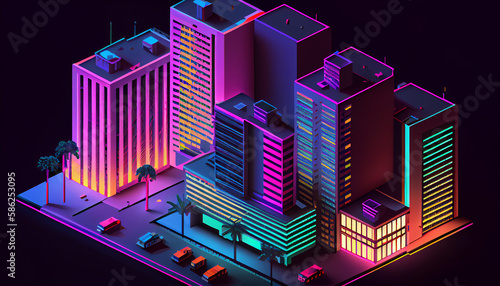 Isometric capital city buildings with  neon lighting Ai generated image