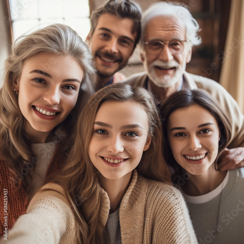 Portrait selfie of grandparents  parents and children at home for relaxing  bonding and quality time. Big family  multicultural and faces of happy people smile for ai generated picture together