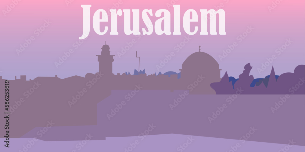 Jerusalem silhouette image background postcard in pink purple colors vector illustration